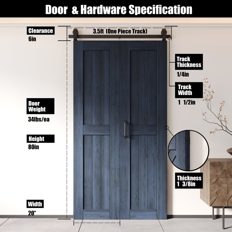 Porte de grange haut de gamme non assemblée et finie de 80 po Homacer, deux portes de 20 po x 80 po avec quincaillerie de fixation supérieure pliable