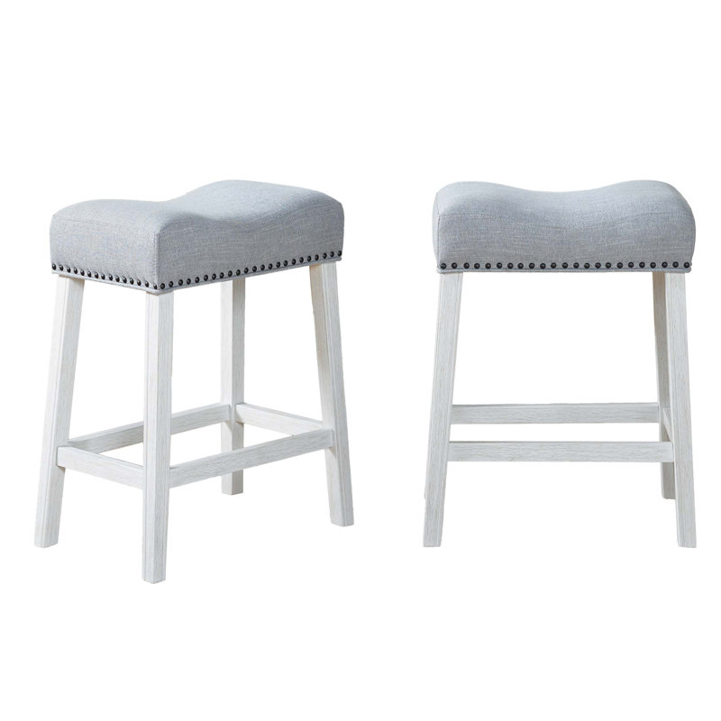 Tabourets rembourrés à hauteur de comptoir - siège de selle, finition patinée, tissu gris clair, ensemble de 2, Gris, Blanc
