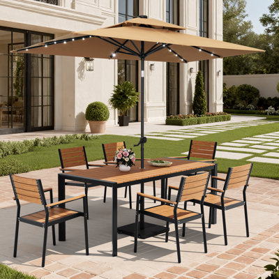 Ensemble de salle à manger en aluminium pour 6 personnes avec chaises empilables, parasol solaire à DEL et base lestée