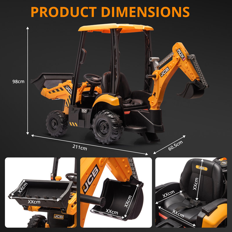 4 en 1 JCB Licensed 12V Kids Ride On Electric Car - Excavator, Bulldozer & Tractor - Télécommande, Siège réglable, Chargeur frontal, Fonction de fouille, Avertisseur sonore, Pneus EVA durables - Jaune