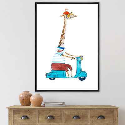 Girafe habillée en casque et chevauchant un scooter - peinture sur toile
