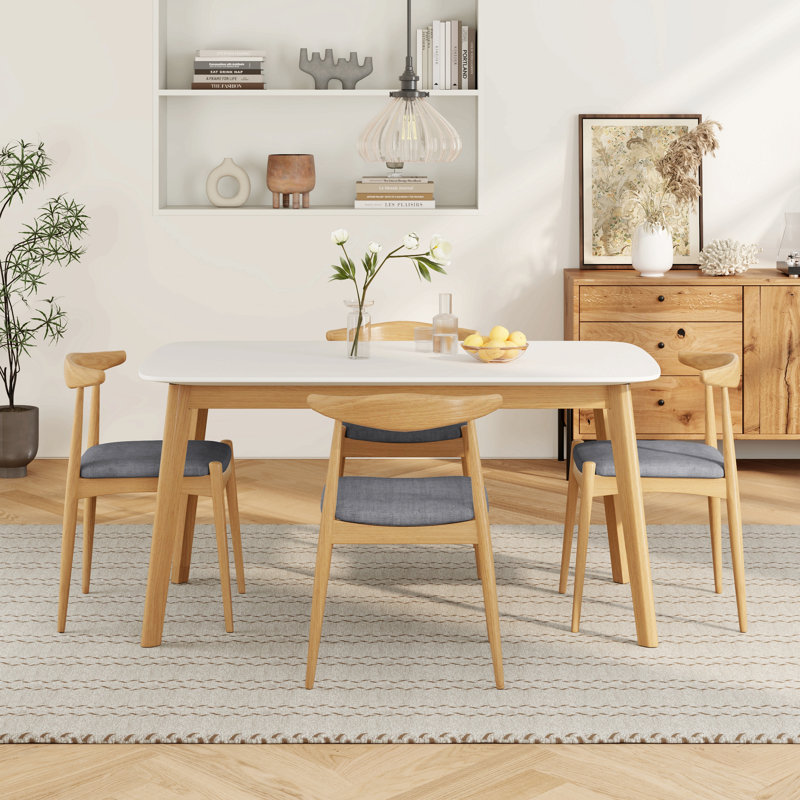 Ensemble de salle à manger 5 pièces de style Mid-Century moderne - table avec cadre en bois massif et 4 chaises rembourrées beiges