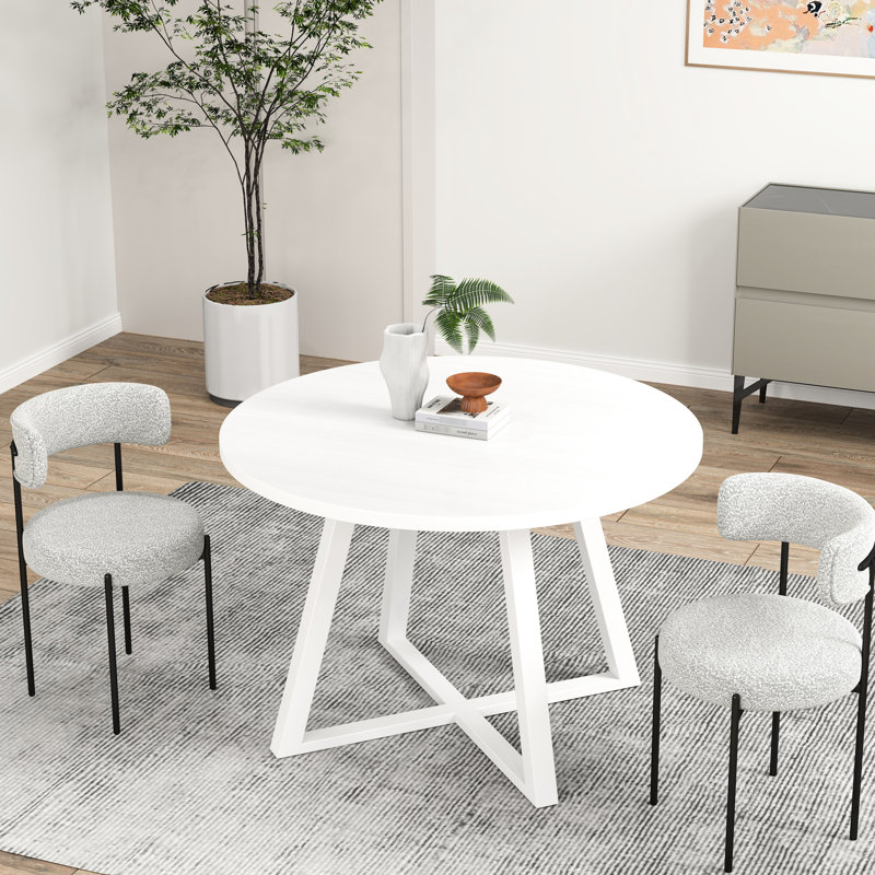3 Dining - Round Table And 2 Boucle Chairs Luxury Materials With Curved Design