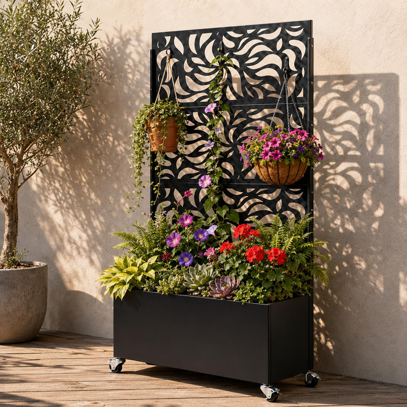 Boîte à fleurs en métal avec treillis