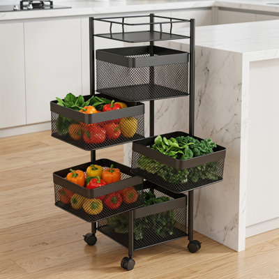 5-Tier Rotating Kitchen Storage Cart, Metal Fruit Vegetable Basket Rack on Wheels, Floor-Standing Organizer