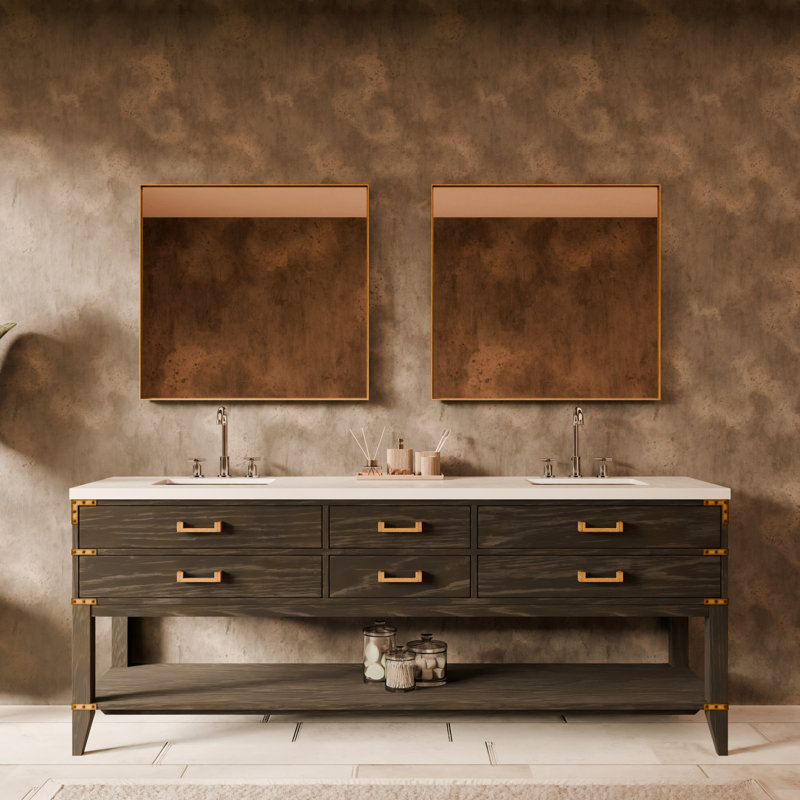 Ensemble de meuble-lavabo double 84 po, Chêne noir, Quartz blanc