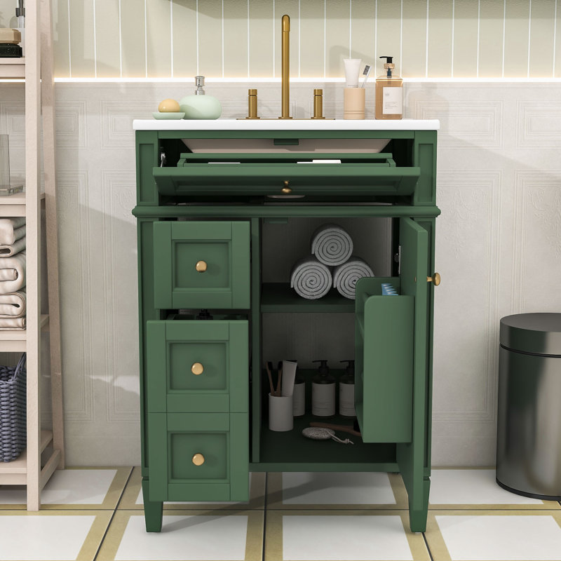Meuble-lavabo compact 24 po avec lavabo en céramique, 3 tiroirs, organisateur de porte et tablette réglable, Vert