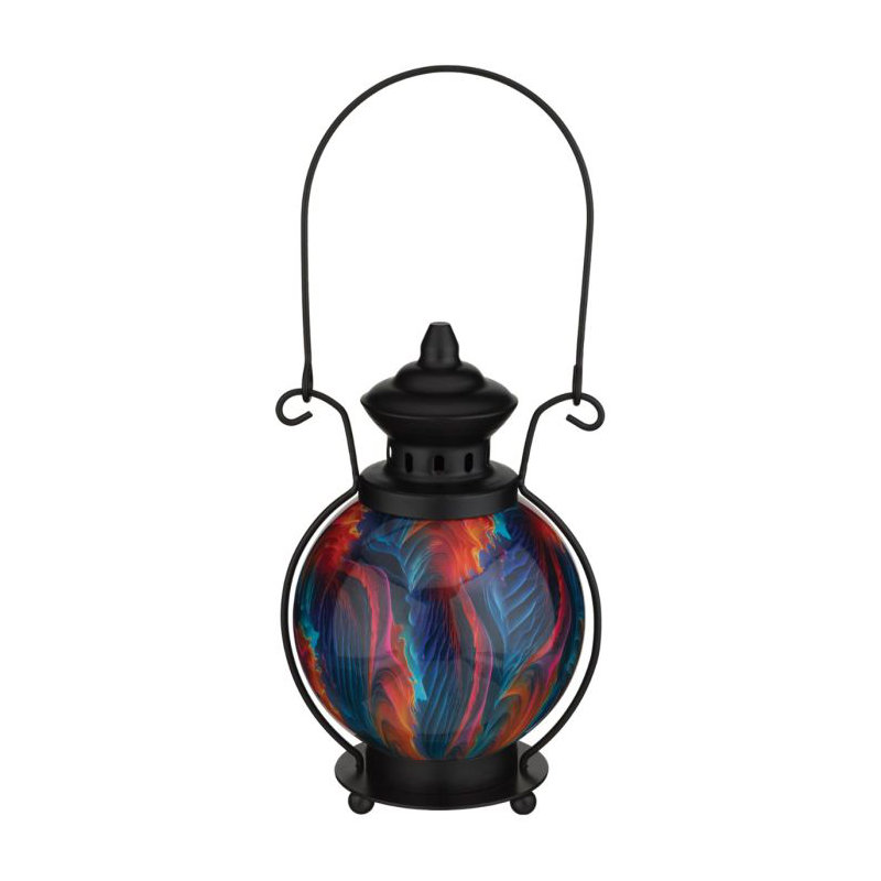 14.5 Inch Glass and Metal Swirl LED Solar Powered Outdoor Lantern with Decorative Hanging Hook and Rechargeable Battery - Multi
