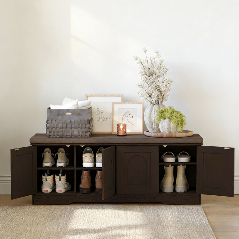 Entryway Shoe Bench With Doors, Back Cushion, And 8 Storage Compartments, Espresso