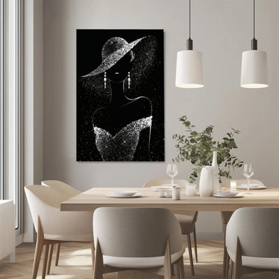 Digital Glitter Elegant Woman Silhouette in Sparkling Hat & Dress Canvas Wall Art - Gallery Wrap Canvas with Solid Wood Inner Frame, Ready to Hang