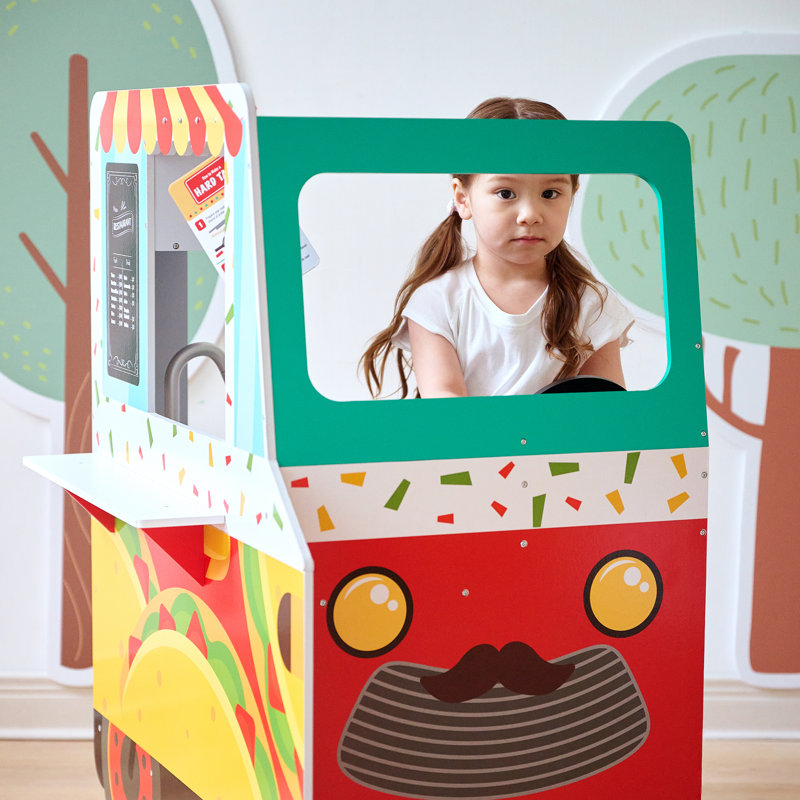 Teamson Kids Wooden Pretend Play Food Taco Truck Playset with Accessories Set & Interactive Kitchen