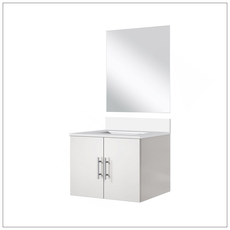Meuble-lavabo simple moderne 24 po X P 22 po P, comptoir en marbre de culture et Miroir, Blanc lustré