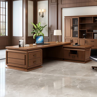 110.24"New Chinese-style brown solid wood executive desk
