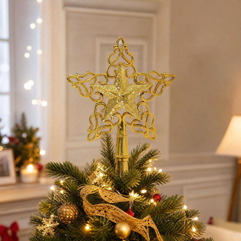 Décoration de Noël en dentelle ajourée, étoile à cinq branches colorée à paillettes, ornement de sapin de Noël exquis, Gold