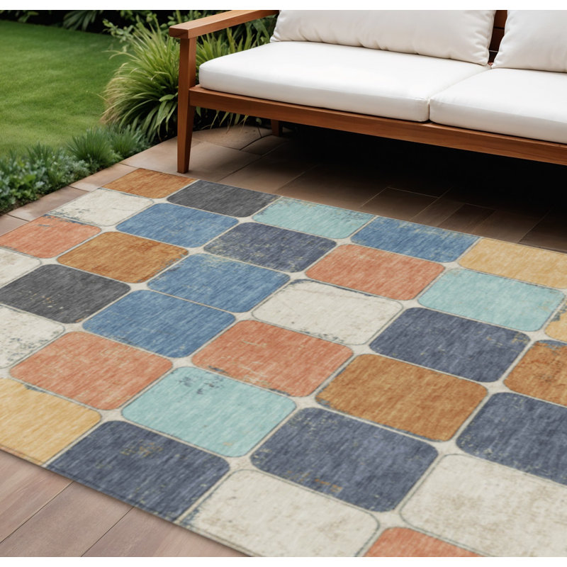 Tapis intérieur / extérieur lavable 9 pi x 12 pi bleu à motif géométrique rouille et denim