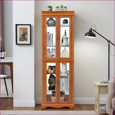 Armoires | Vitrine lumineuse en verre avec tablettes réglables Lumières DEL | Panneau de fibres à densité moyenne brun noyer + verre | Traditionnel | Salon