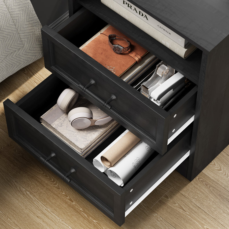 Table de chevet, ensemble de 2 avec station de charge, table de bout de ferme de 23,6 po avec 2 tiroirs et base unique, pour le salon de la chambre à coucher, noir