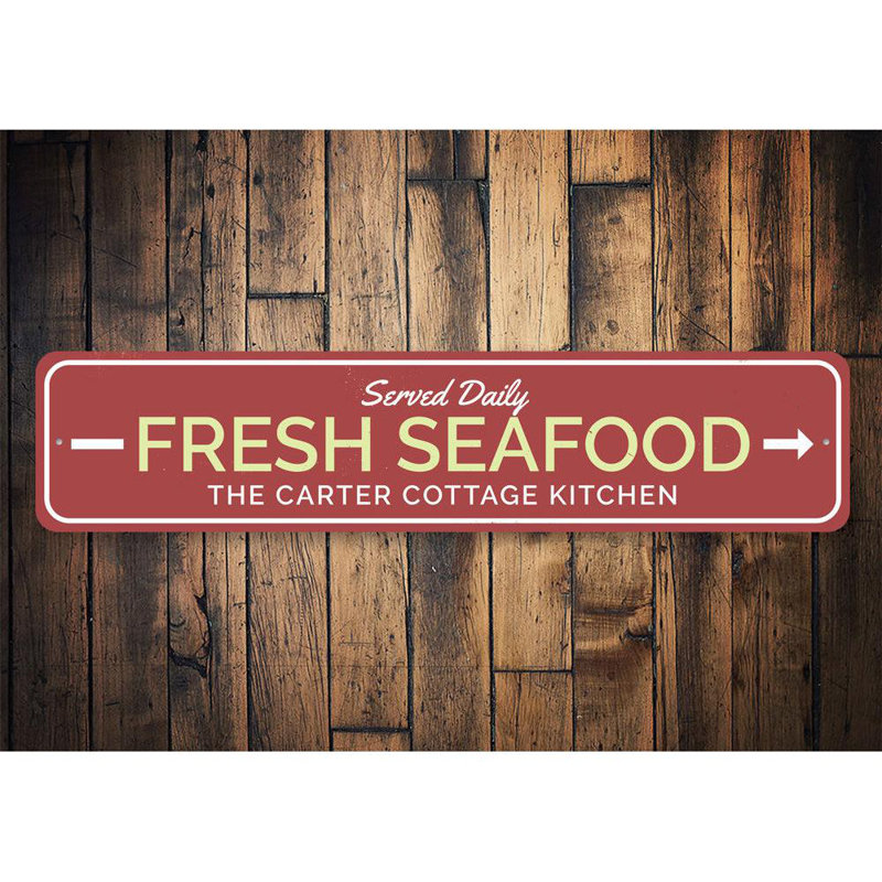 Fresh Seafood Arrow Aluminum Sign, 6" H x 24" W x 0.063" D