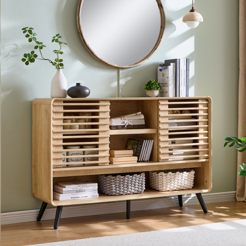 46" Breathable Storage Sideboard with adjustable shelves & Slatted Sliding Door, Tan