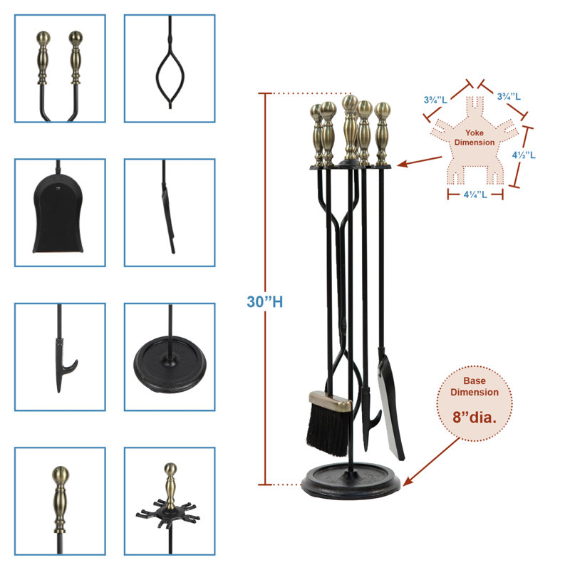 Odriscoll Iron Fireplace Tool Set, Antique Brass Plated / Black