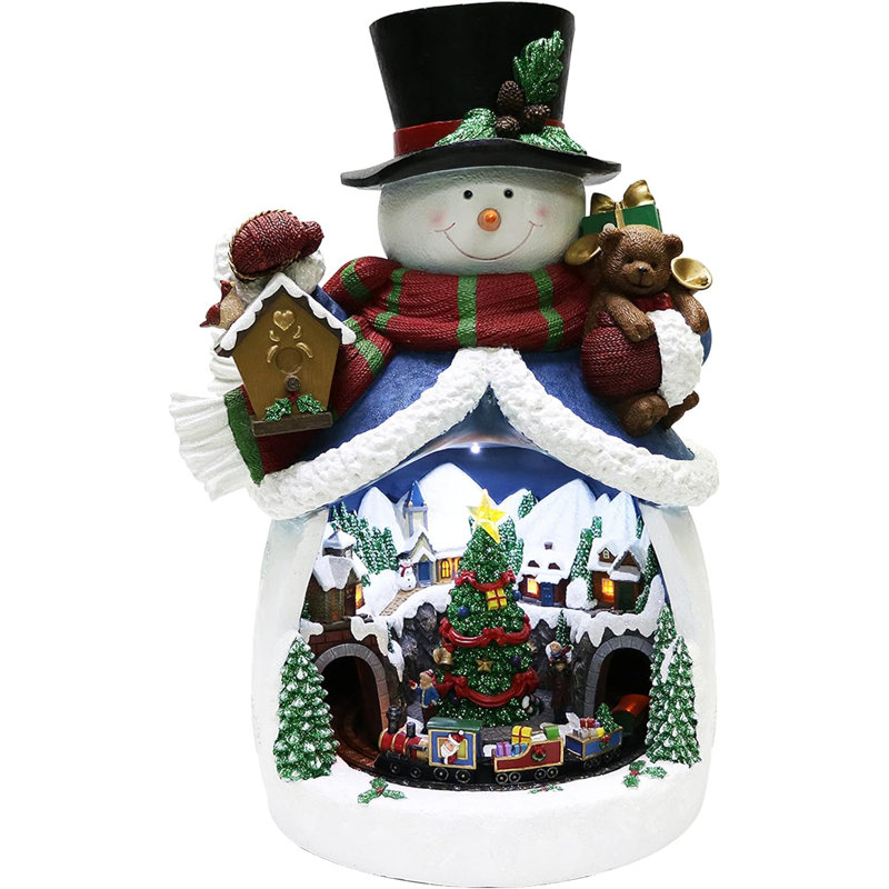 Bonhomme de neige animé H 18,7 po avec train (arbre et train) - lumières DEL, 8 musique, adaptateur - résine peinte à la main