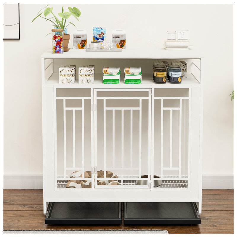 Meuble pour chien en bois 43,3 pouces avec séparateur, trois tiroirs et portes doubles pour grands et moyens chiens, blanc