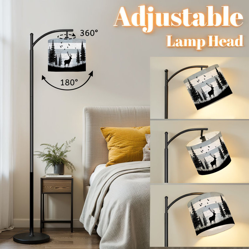 Lampe sur pied à arc avec abat-jour ajustable silhouettes de cerfs grands arbres, oiseaux, forêt brumeuse, lampe sur pied à 3 températures de couleur, intensité variable, grand mât avec interrupteur au pied pour la chambre à coucher