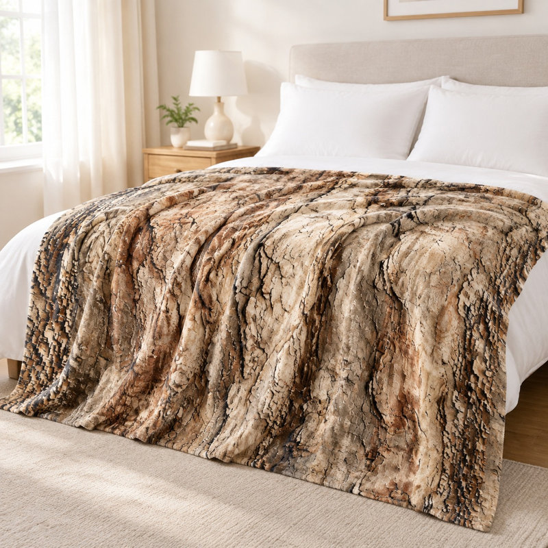 Plaid en flanelle à motif écorce d'arbre - Texture réaliste, tons bruns naturels, doux, chaud et confortable, idéal en toute saison, facile d'entretien, élément décoratif pour canapé, fauteuil, salon, chambre et mobilier de jardin.