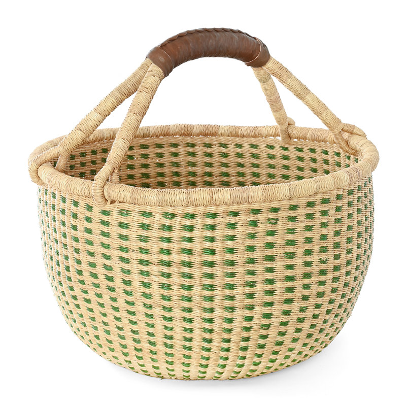 Panier bolga à carreaux vert forêt et naturel, Vert / Naturel