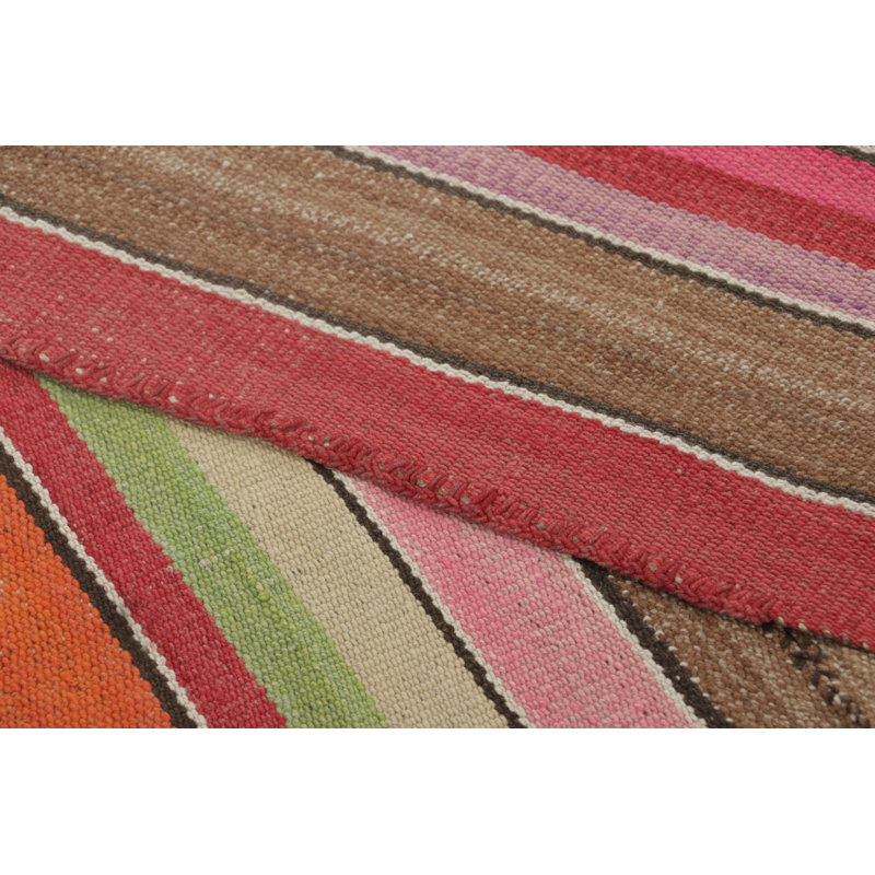 Vintage Frazada Square Kilim In Vibrant Polychrome Striped Pattern - Rug & Kilim