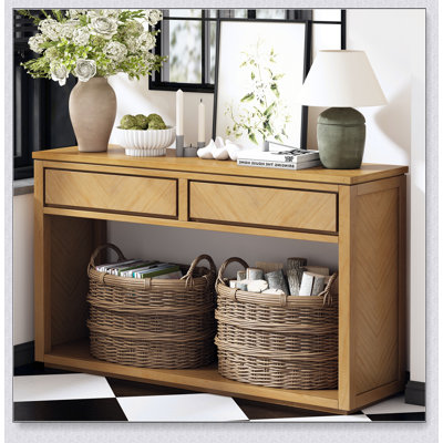 Console d'entrée en bois rustique avec tiroirs de rangement et tablette ouverte, parfaite pour les couloirs et les salons