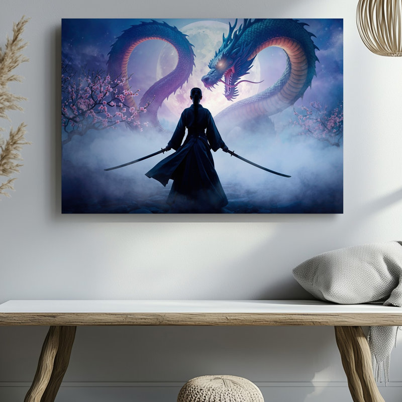 Toile «A Lone Warrior Stands With His Back to the Viewer», art mural saisissant un katana contre une toile de fond dramatique avec une toile murale colossale