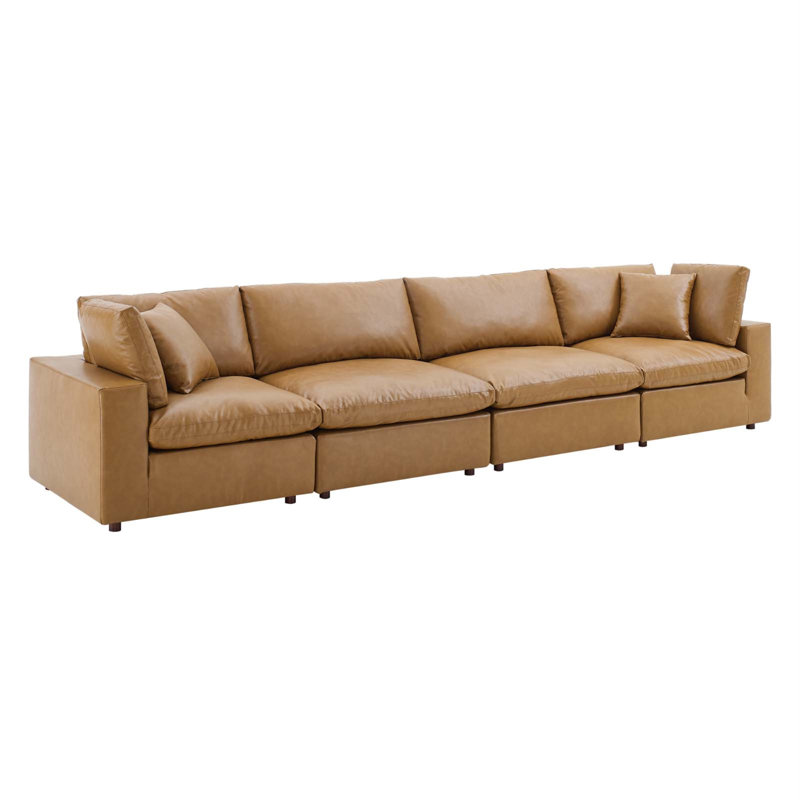 Tan Faux Leather Four Piece Sofa with Down Fill Cushions