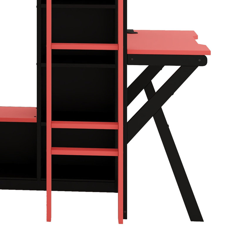 Base de lit de jeu en L avec lumières à DEL, disposition réversible et rangement sous le lit, Rouge