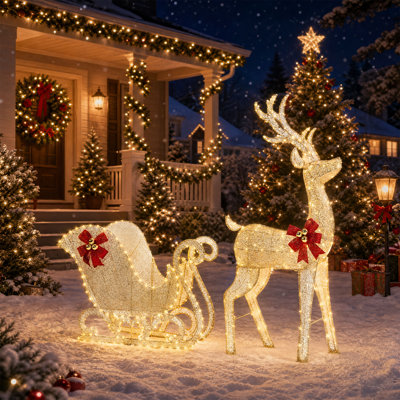 Gold Reindeer Pulling Sleigh with 448 Warm White Lights, Plug In Outdoor Christmas Animal Decoration