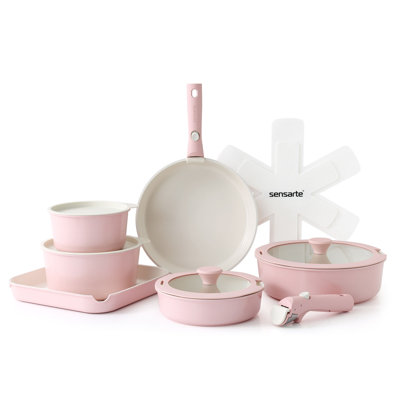 SENSARTE Nonstick Ceramic 17 Piece Pots And Pans Set With Removable Handle, Include Griddle, Dishwasher ＆ Oven Safe, PTFE/PTAS/PFOA Free