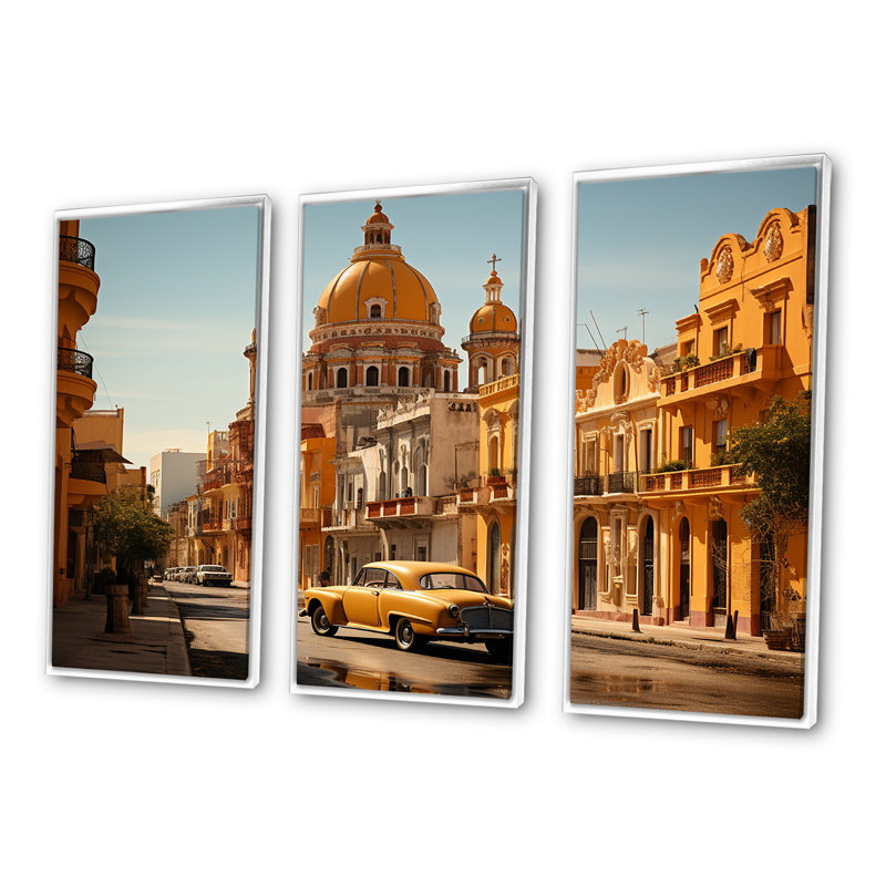 «Yellow Cuba Colonial Architecture I», ensemble d'art sur toile Cuba, Cadre flottant blanc, H 32 po x l 48 po x P 1 po