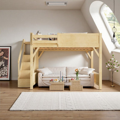 Queen Size Solid Wood Loft Bed With Built-In Wardrobe, Storage Shelves & Safety Rails