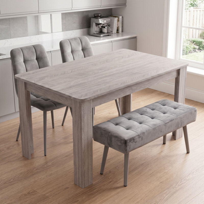 Arrow Grey Dining Table Set with 2 Grey Nova Velvet Chairs and Grey Nova Velvet Bench 4 Seater