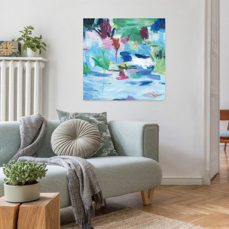Abstrait lac contemporain avec art abstrait bleu, H 32 po x l 32 po