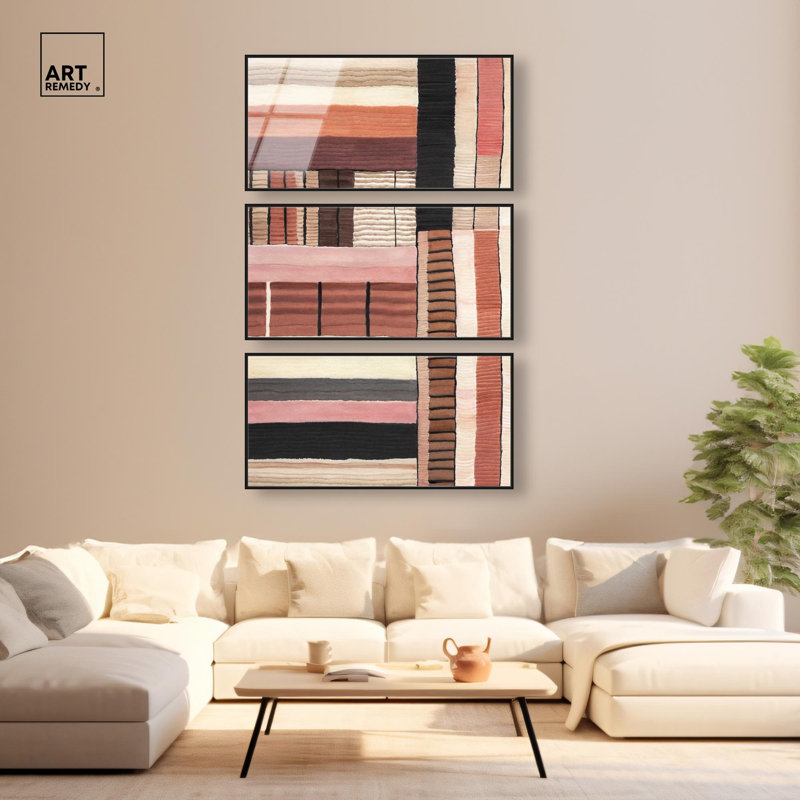«Terracotta Dialogue II - Ira Colmeva Charlbury», grande reproduction imprimée sur verre encadrée de 3 pièces par Art Remedy, cadre noir, 40 x 20