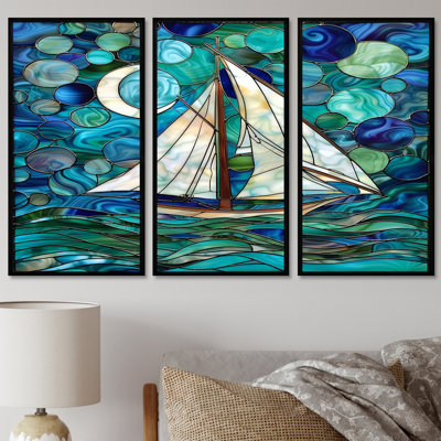 Sailboat Ocean Sky Circles Of Green And Blue - Boat Wall Art Living Room Set -  Design Art, FL93227-3P-BK