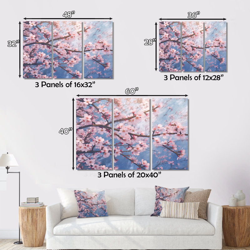 «Cherry Blossoms V» sur toile, 3 pièces, H 32 po x l 48 po x P 1 po