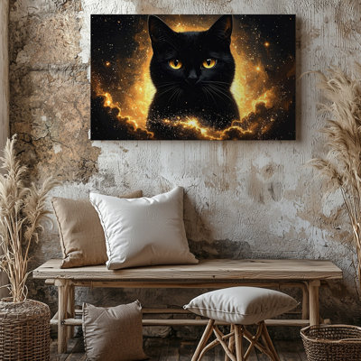 Cosmic Black Cat Celestial Feline In Starry Void From The Depths Of The Canvas Wall Art Ready To Hang Gallery Wrapped Home Decor Decor