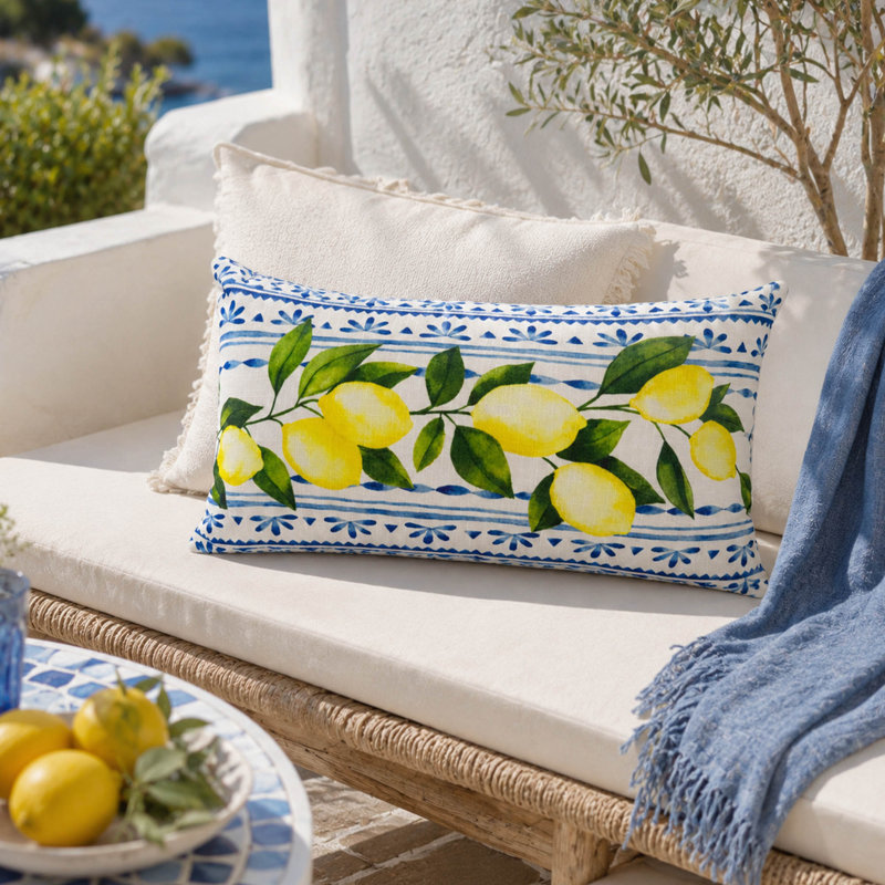 Coussin lombaire d'extérieur avec imprimé citron et tissu résistant aux intempéries