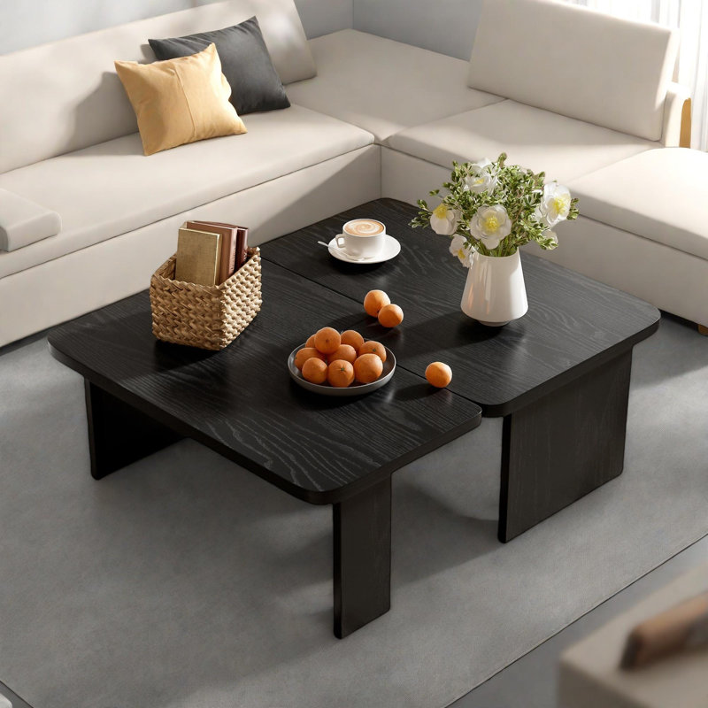 Modern Rectangle Coffee Table Set With Modular L-shape Design, Black