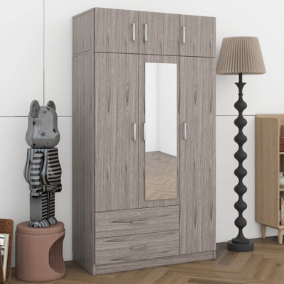 Armoire-penderie à miroir 3 portes avec 2 tiroirs et armoire supérieure, armoire de chambre à coucher autoportante, rangement pour vêtements