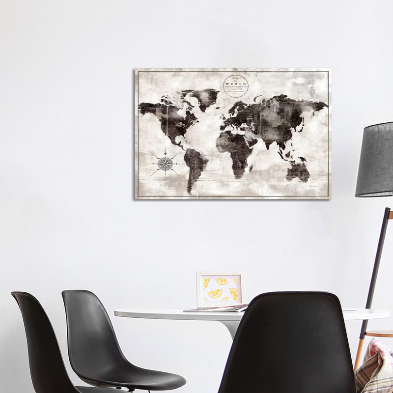 «Rustic World Map Black and White» par Marie Elaine Cusson - impression sur toile tendue, H 26 po x l 40 po x 1,5 po