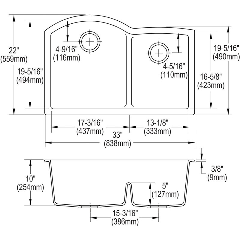 Quartz Classic 33" x 22" x 10" Double Basin Undermount Kitchen Sink, White