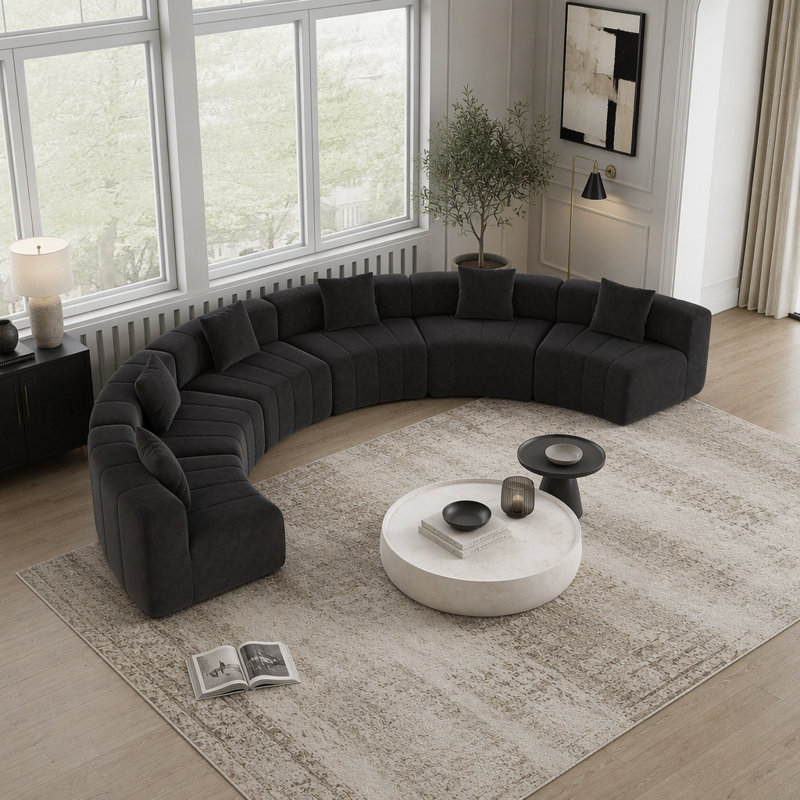 Canapé modulaire courbé en chenille avec 6 coussins, conception semi-circulaire modulaire pour des espaces de vie et de lecture confortables